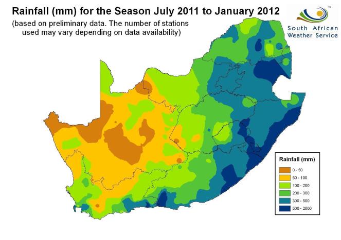 Rainfall Jul-Dec 2011, Jan 2012 South Africa